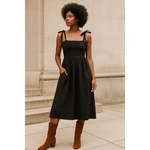 Reformation Linen Tie-Strap‎ Midi Dress Black Size S